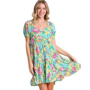 UMGEE Women's Bright Pink And Turquoise Puff Sleeve Dress Size Large NWT